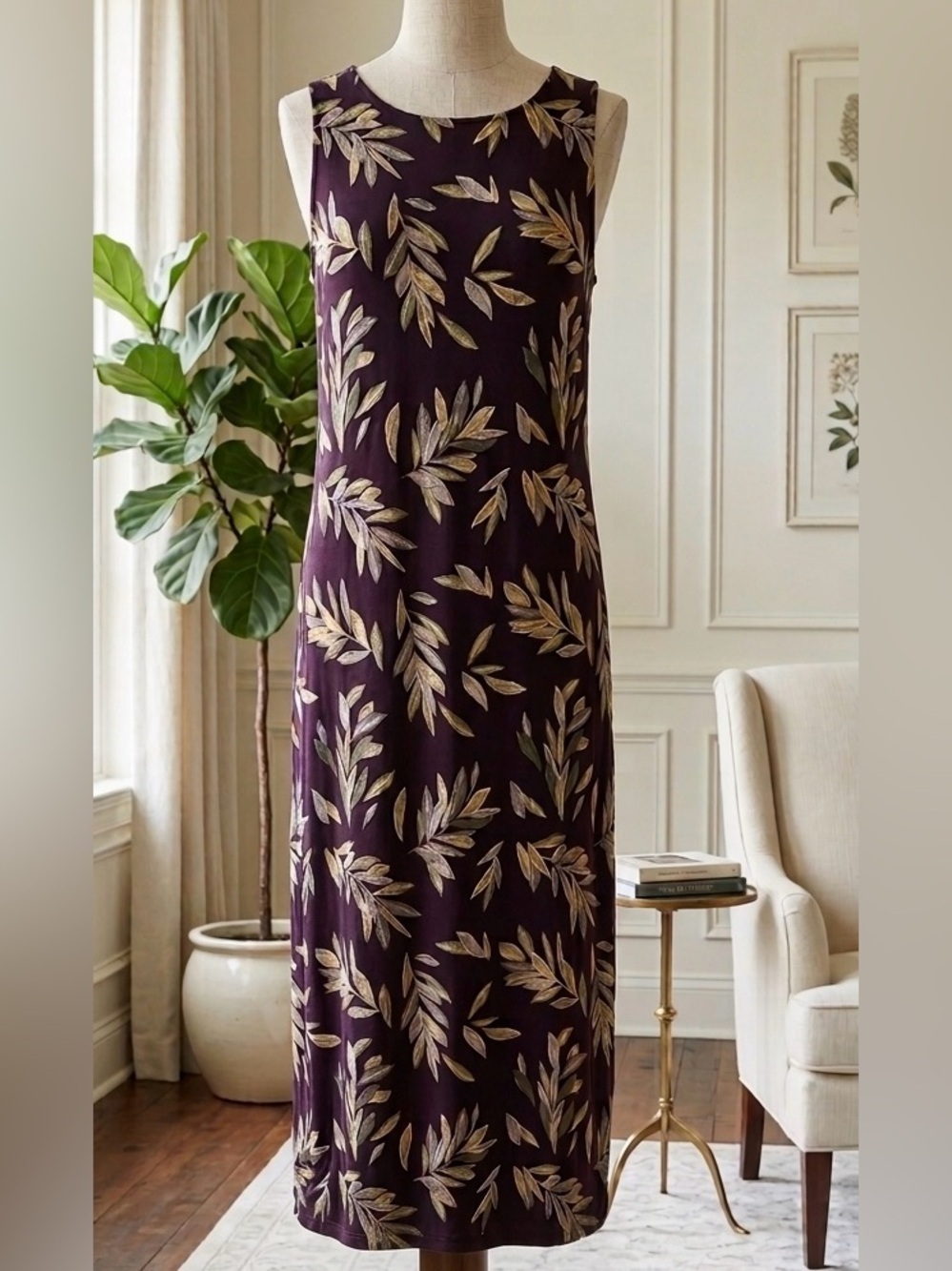 RW&CO.| Black Sleeveless Open Back Maxi Dress w/Gold & Olive Leaf Print Sz L